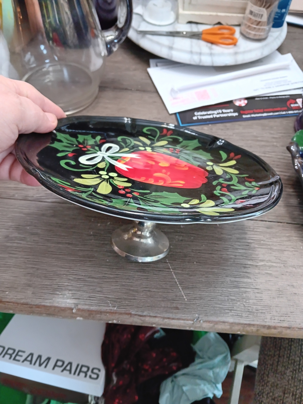Hand-Painted Black Pedestal Cake Stand with Red Floral Motif , 9 Inches Across